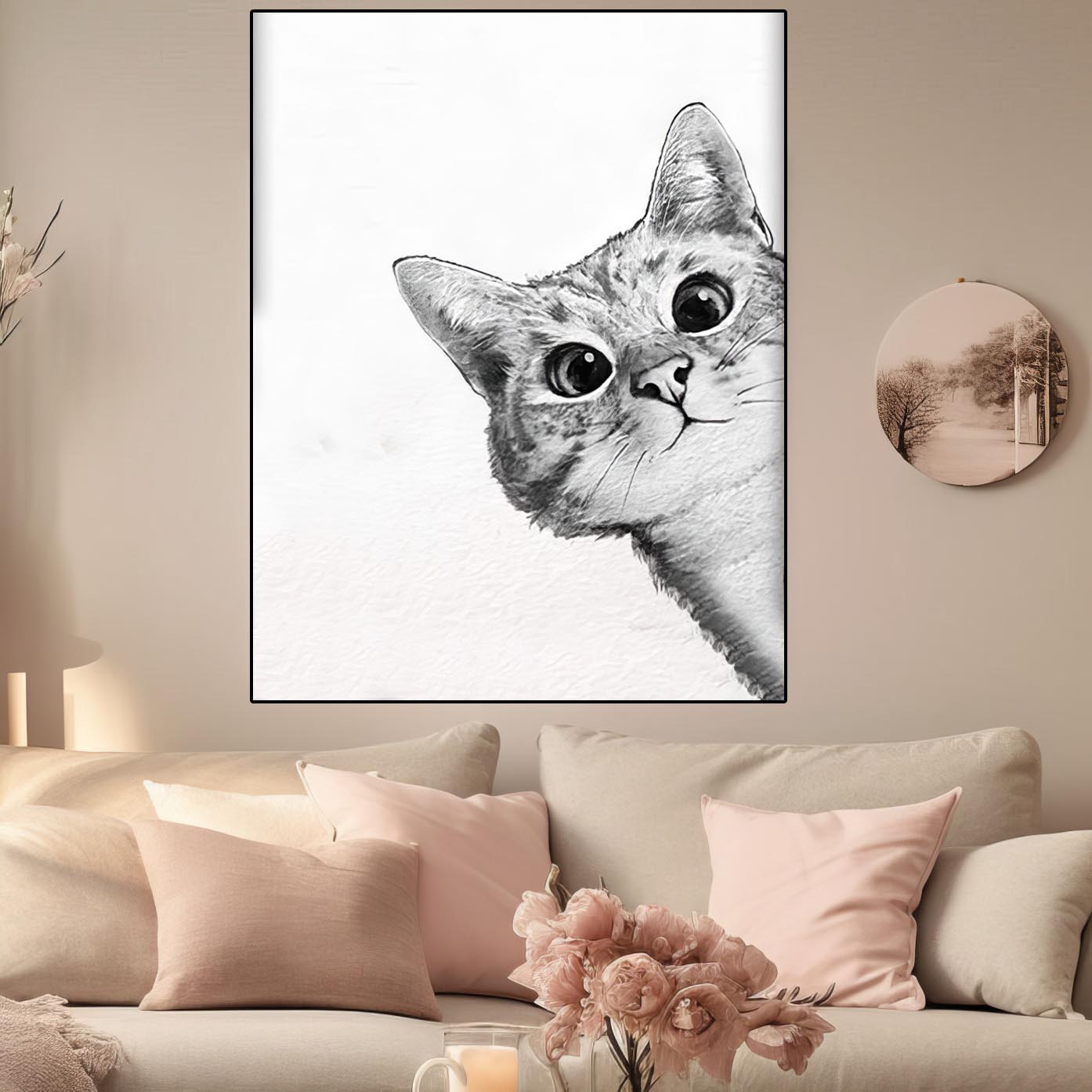 Poster Toile Décoratif Chat Et Fille - Impression Art Moderne Chambre 40 X 60 Cm