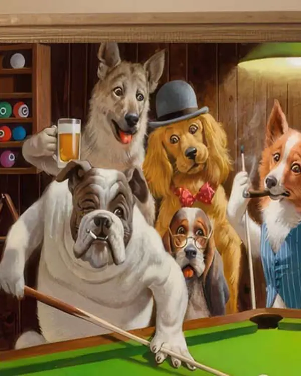 Tableau chiens jouant au billard