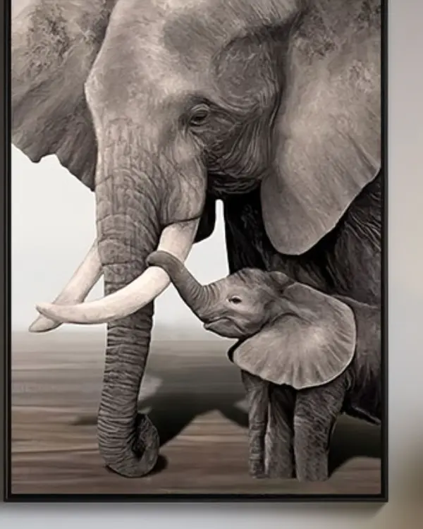 Tableau éléphant et son petit en noir et blanc