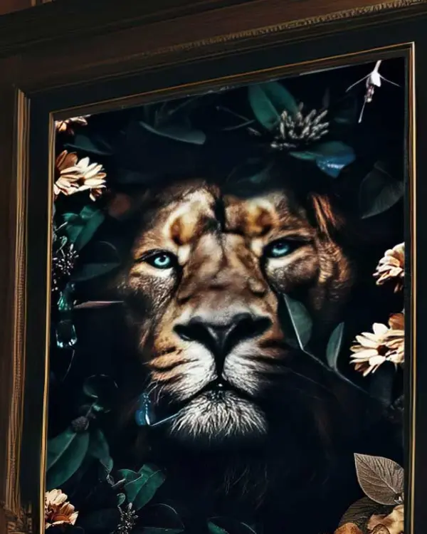 Tableau tête de lion entourée de feuillage sombre