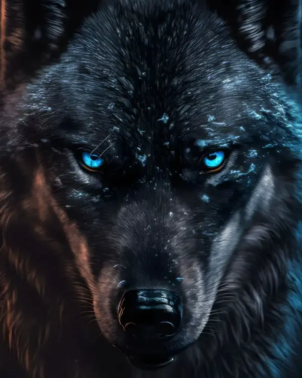 Tableau loup noir aux yeux bleus