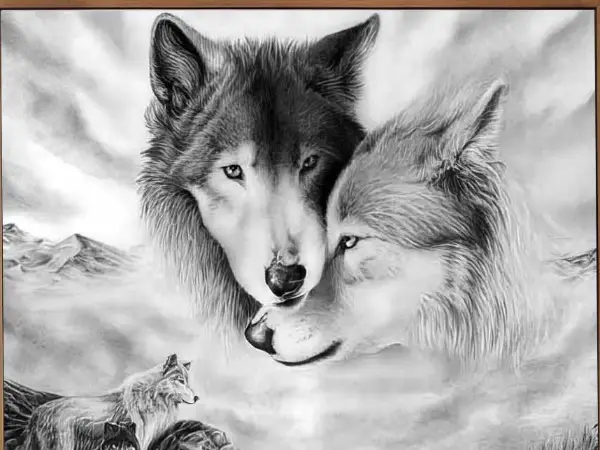 Tableau couple de loups en noir et blanc