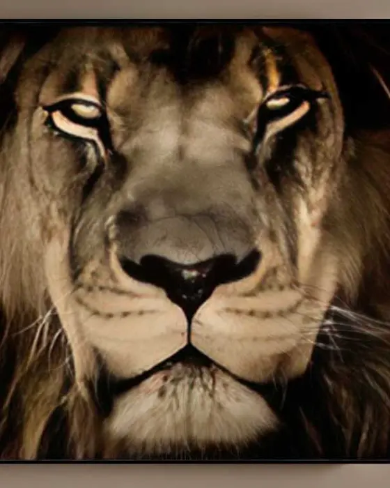 Tableau tête de lion au regard perçant, portrait fauve aux tons dorés