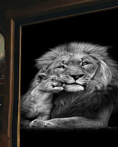 Toile lion et lionceau en noir et blanc